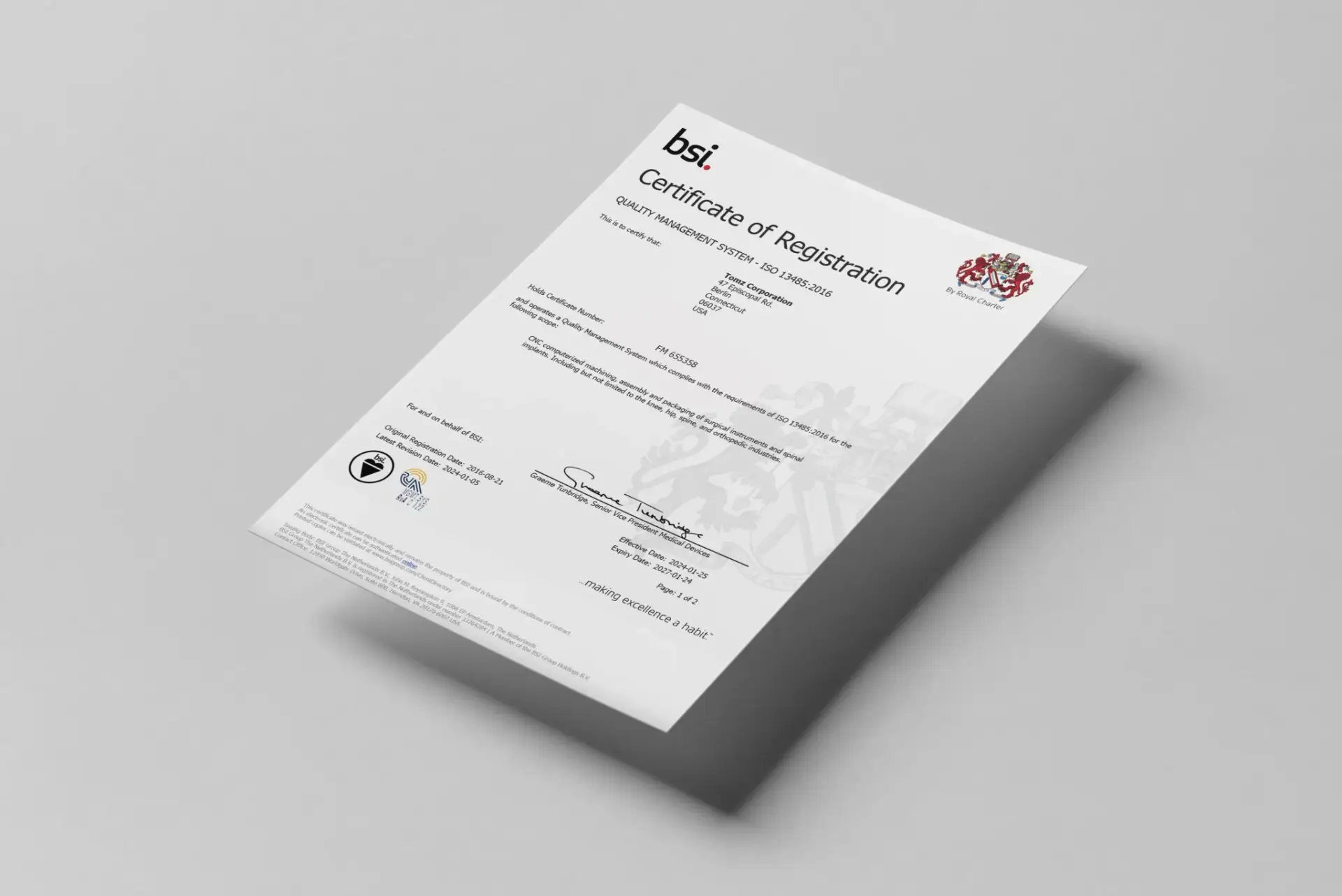 bsi Certificate of Registration against a gray background.