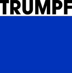 Black Trumpf logo on top of a large blue square against a white background.