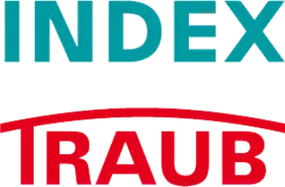 CNC turning machine manufacturer Index Traub logo with the word Index in teal over the word Traub in red against a white background.